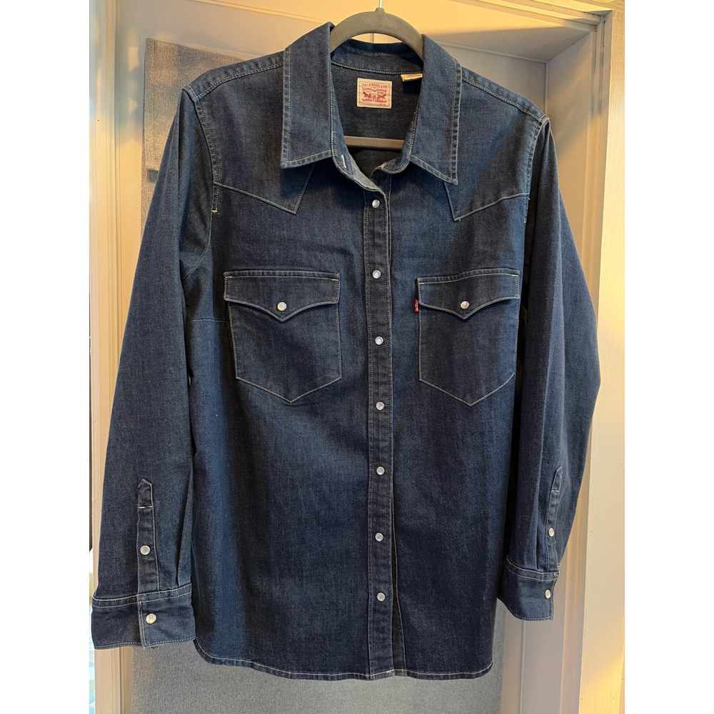 Levis Womens 2X Dark Wash Denim Western Pearl Snap Long Sleeve Shirt Blue 18